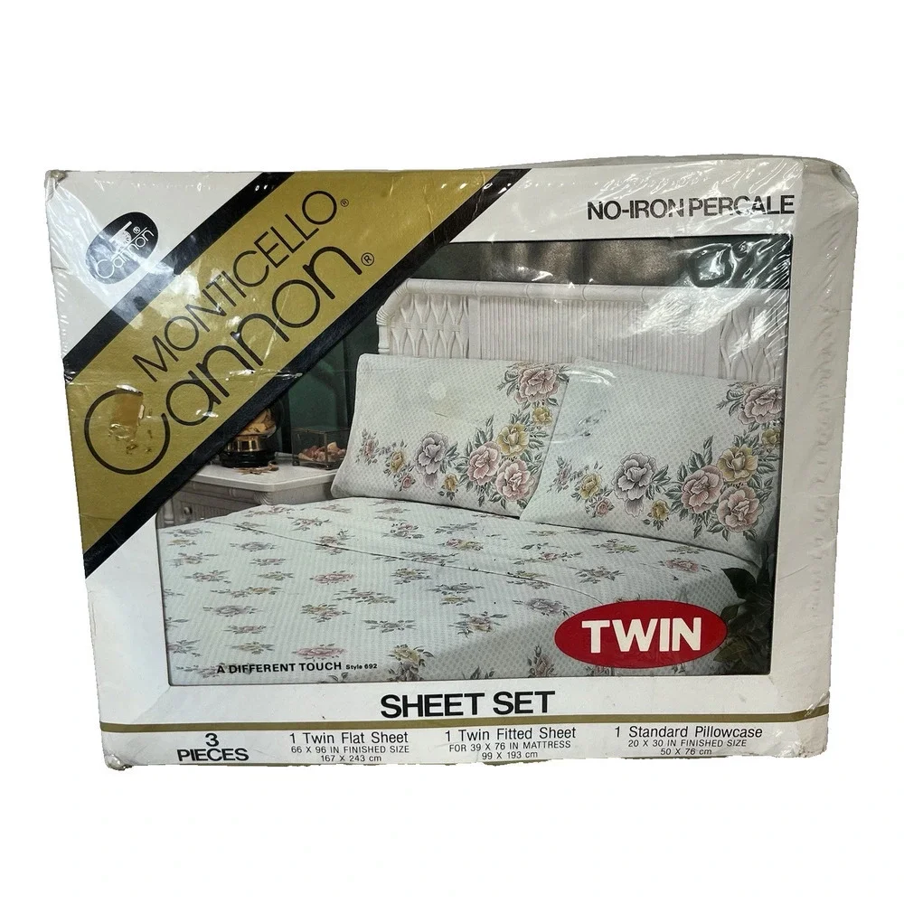 Vintage Monticello Cannon 3pc Twin Sheet Set Pillowcase Orange Yellow Floral 692